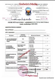 FICHE D’ÉVALUATION ADMISSION EN CYCLE DOCTORAL UNIVERSITE DE DOUALA
